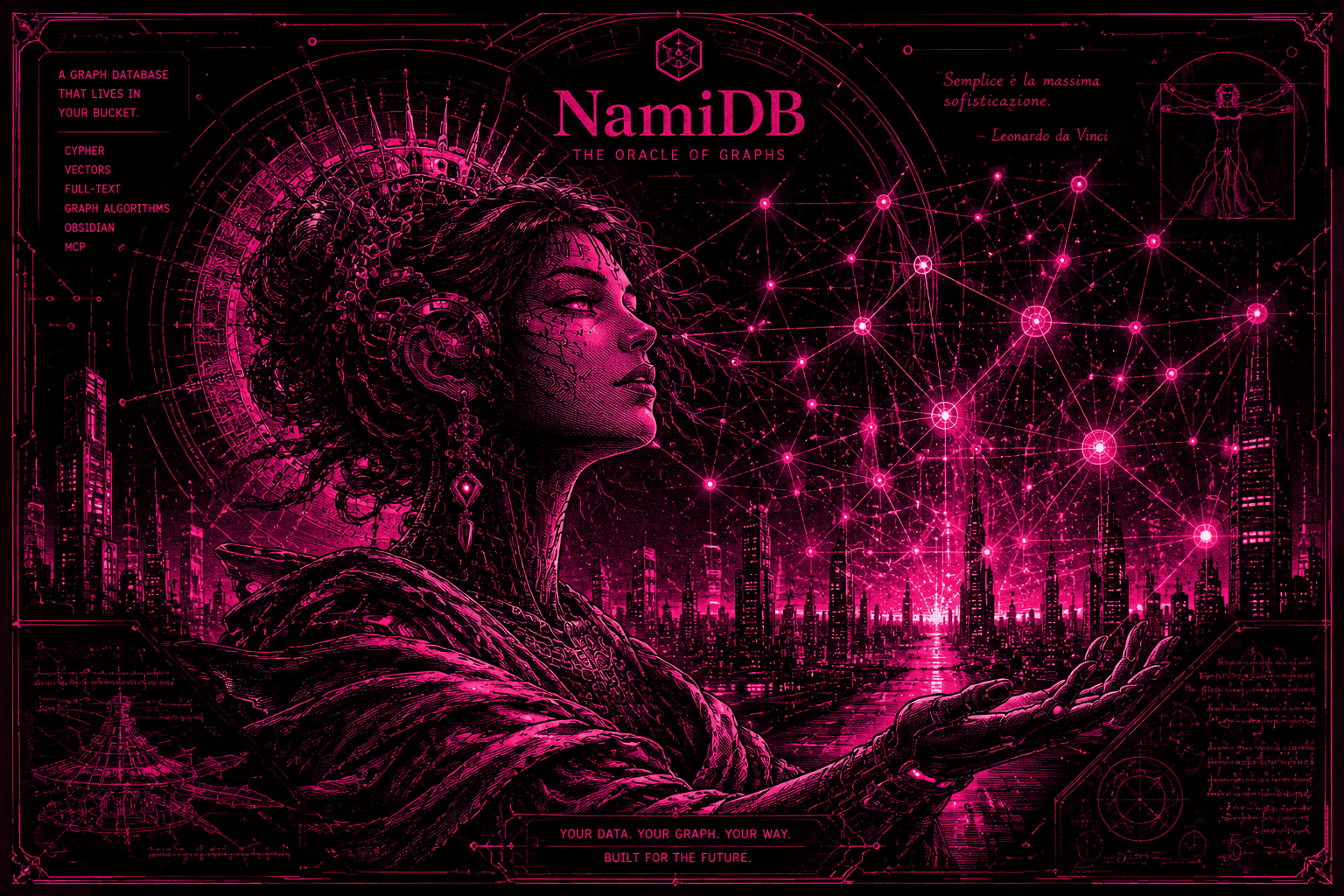 A figure holding a glowing network of nodes above a city of data.