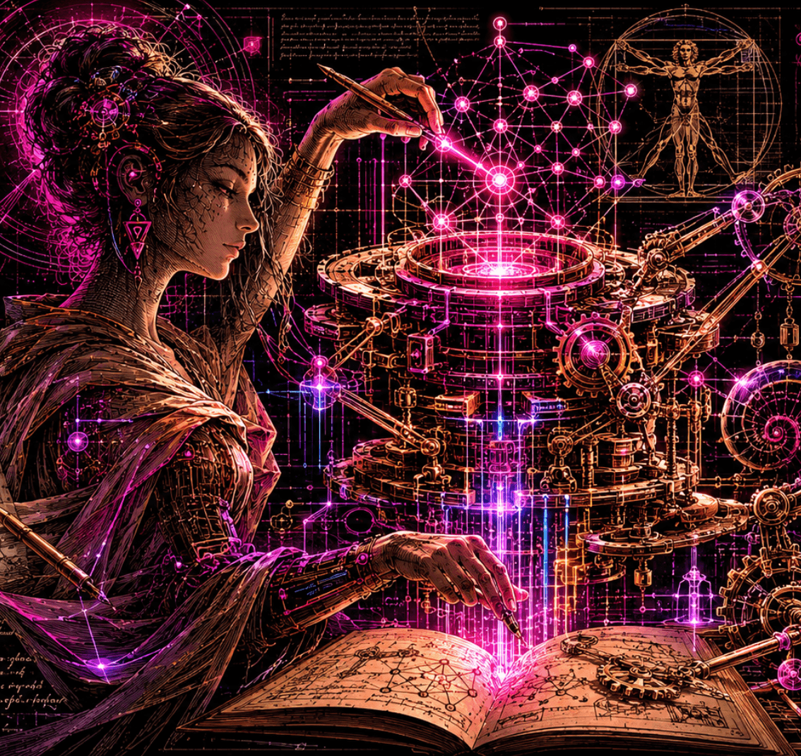 A scholar at work, drawing a graph engine into being above an open book